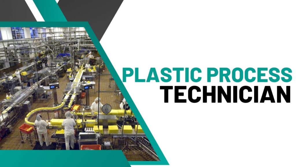 Image of people working in a plastics factory on an assembly line with the title Plastic Process Technician written beside it.